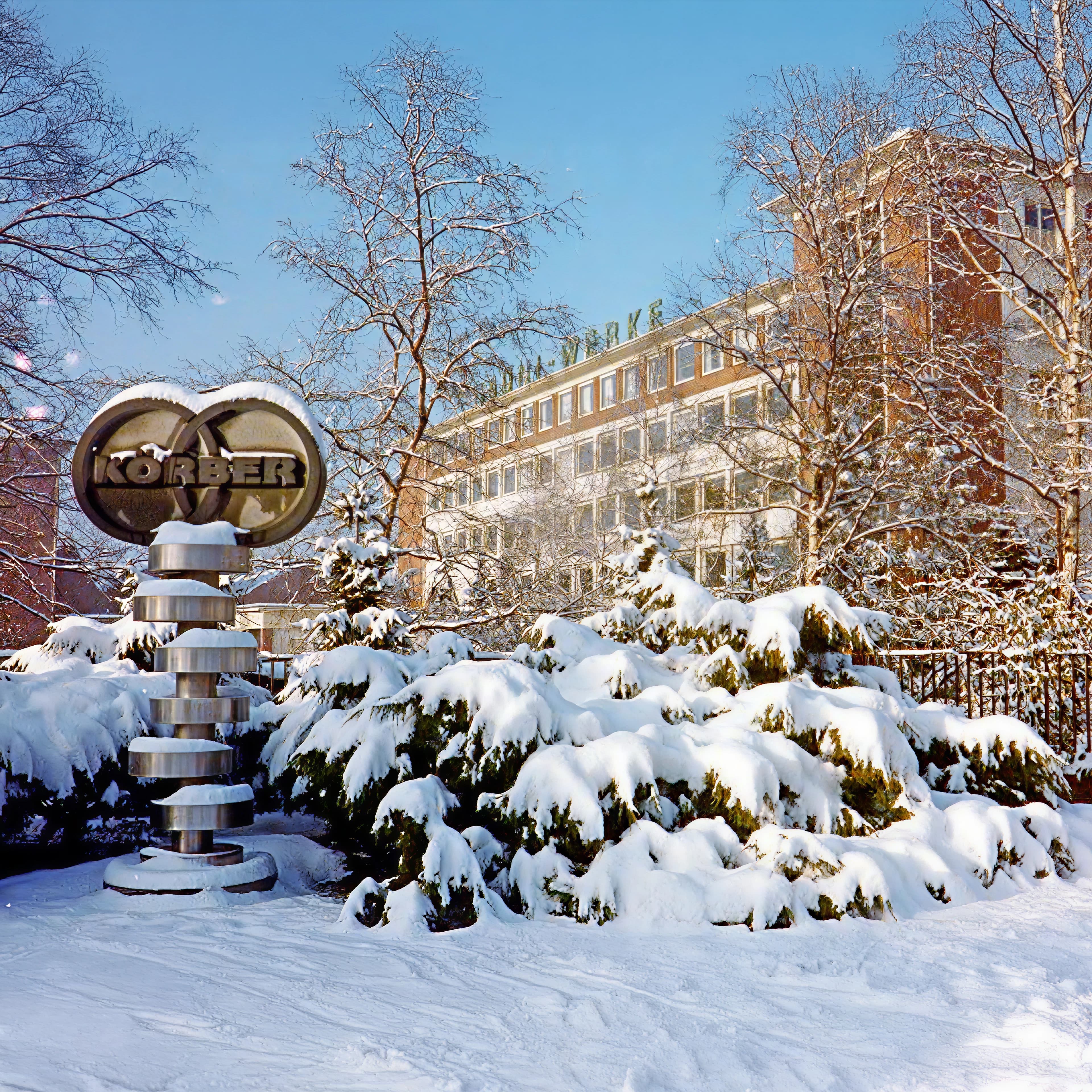 Exterior of the Körber building on a snowy day
