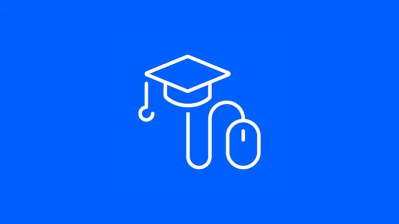 White icon of a college cap with a computer mouse over a blue background. 