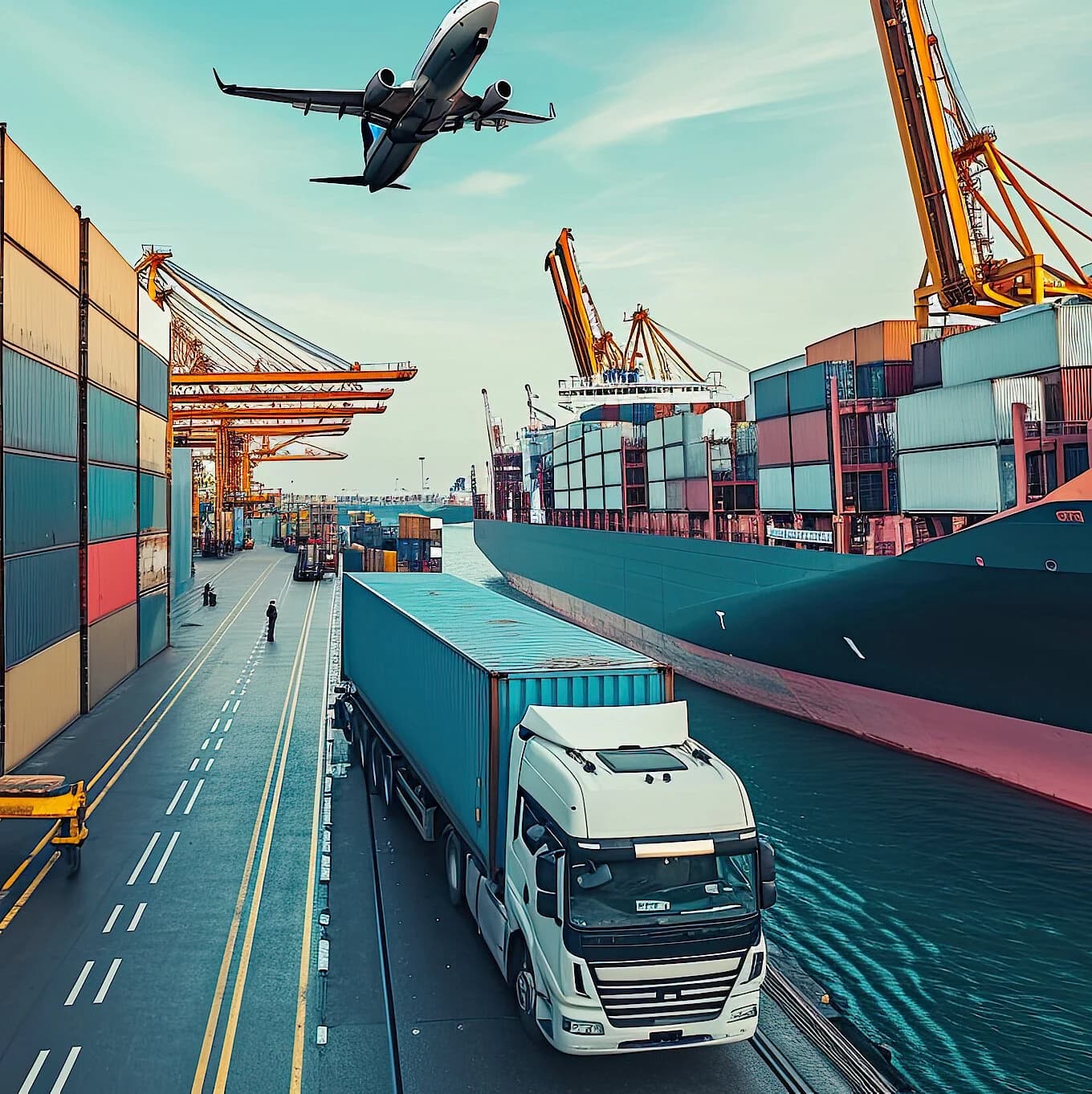 Digital image featuring a port with containers, a truck, and an airplane.