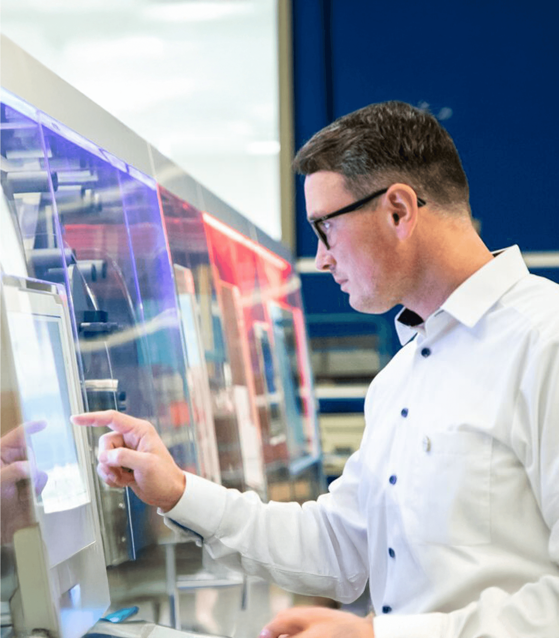 Man using software on a touchscreen
