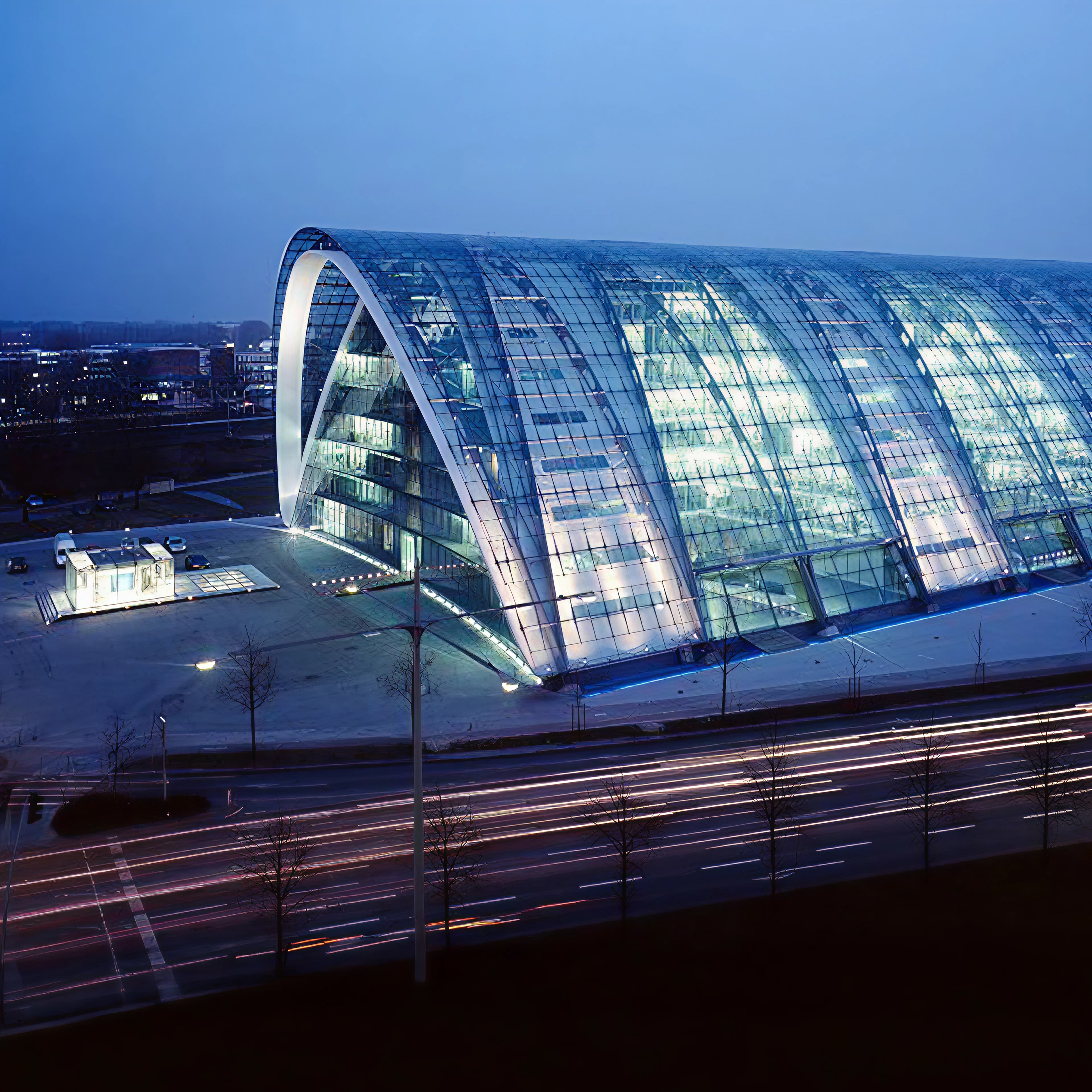 Domed glass office building shot in the evening