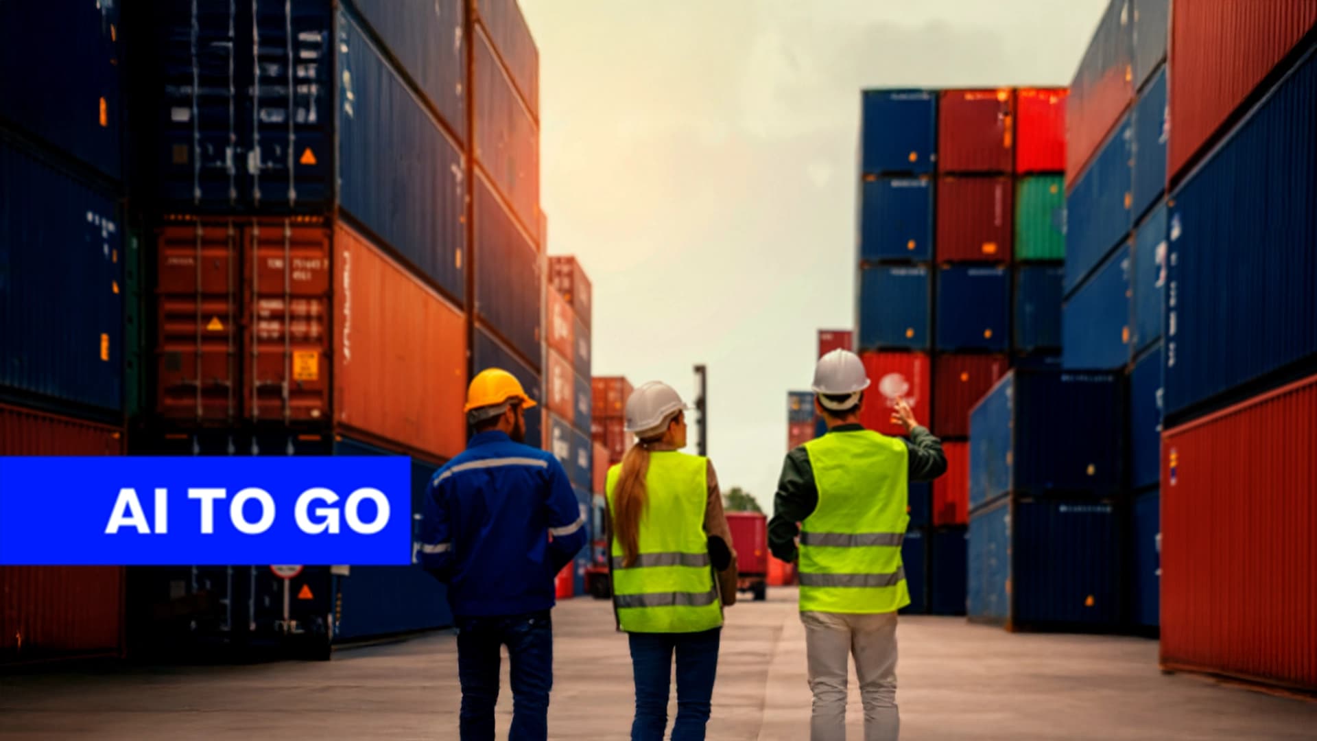 Warehouse workers and engineers outside with big containers.