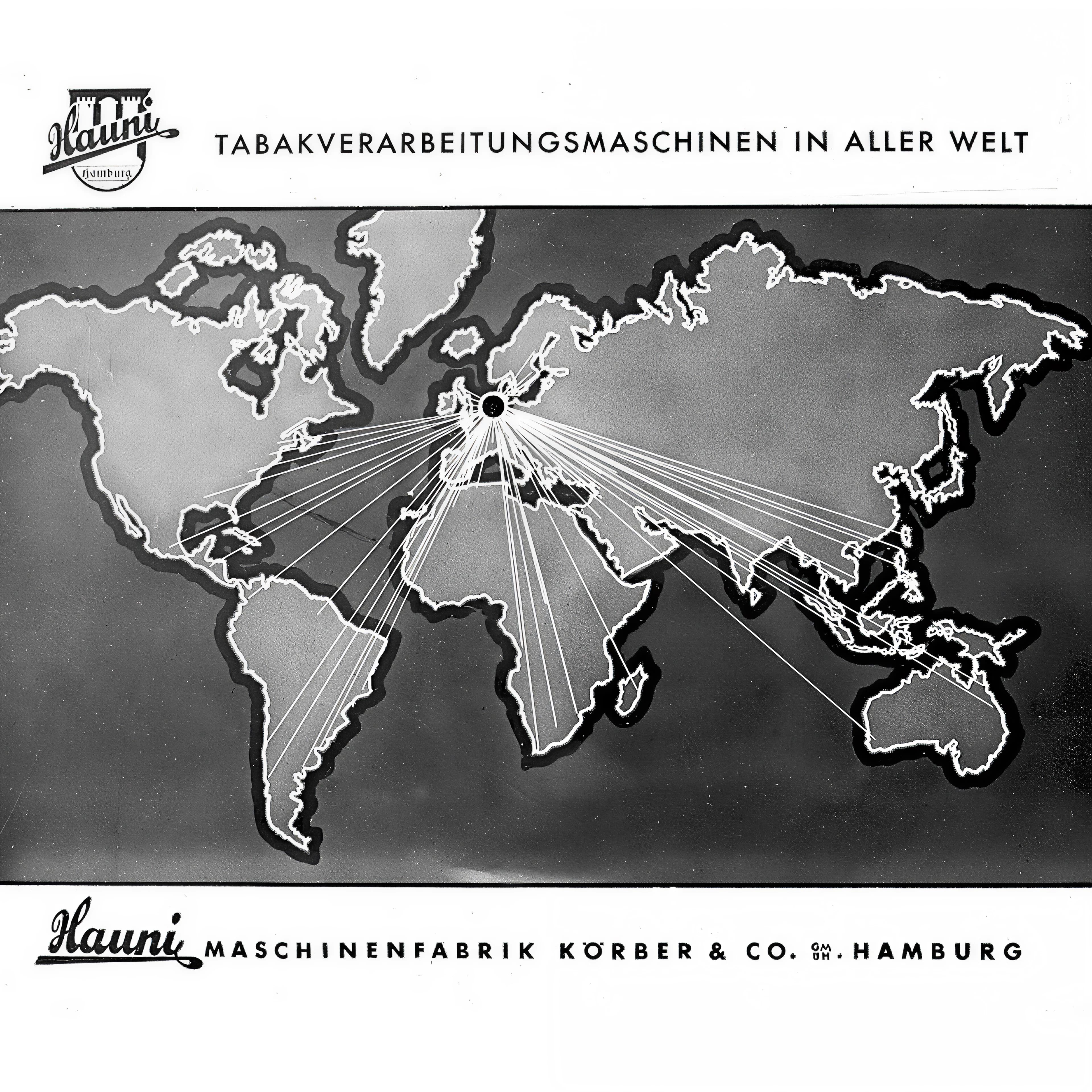 Black and white image of a map with lines going from Germany to multiple countries around the world