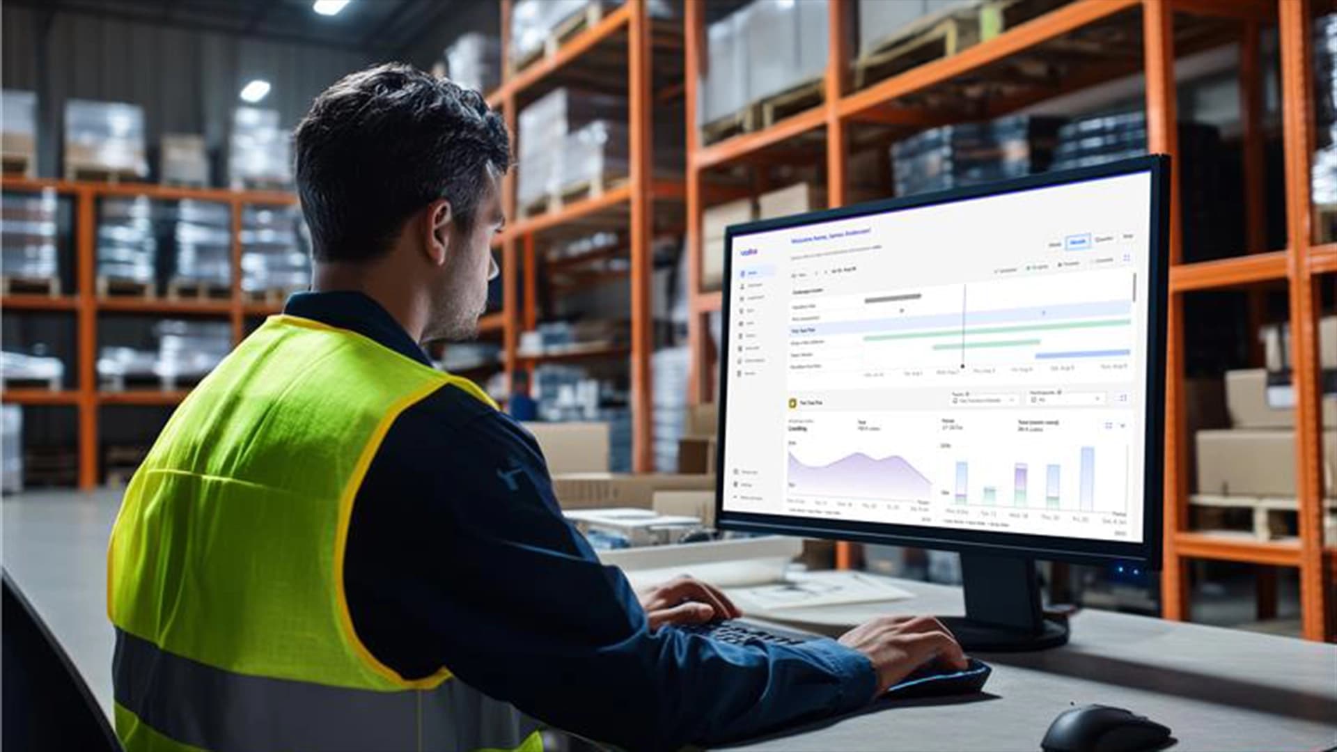 A man in a safety vest engages with a computer screen, exploring gamification in a digital warehouse setting.