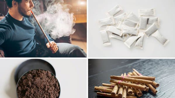 A collage of four images displaying different tobacco types: whole leaves, cigars, pipe tobacco, and shredded tobacco.