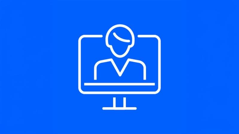 White icon of computer with a training instructor over a blue background. 