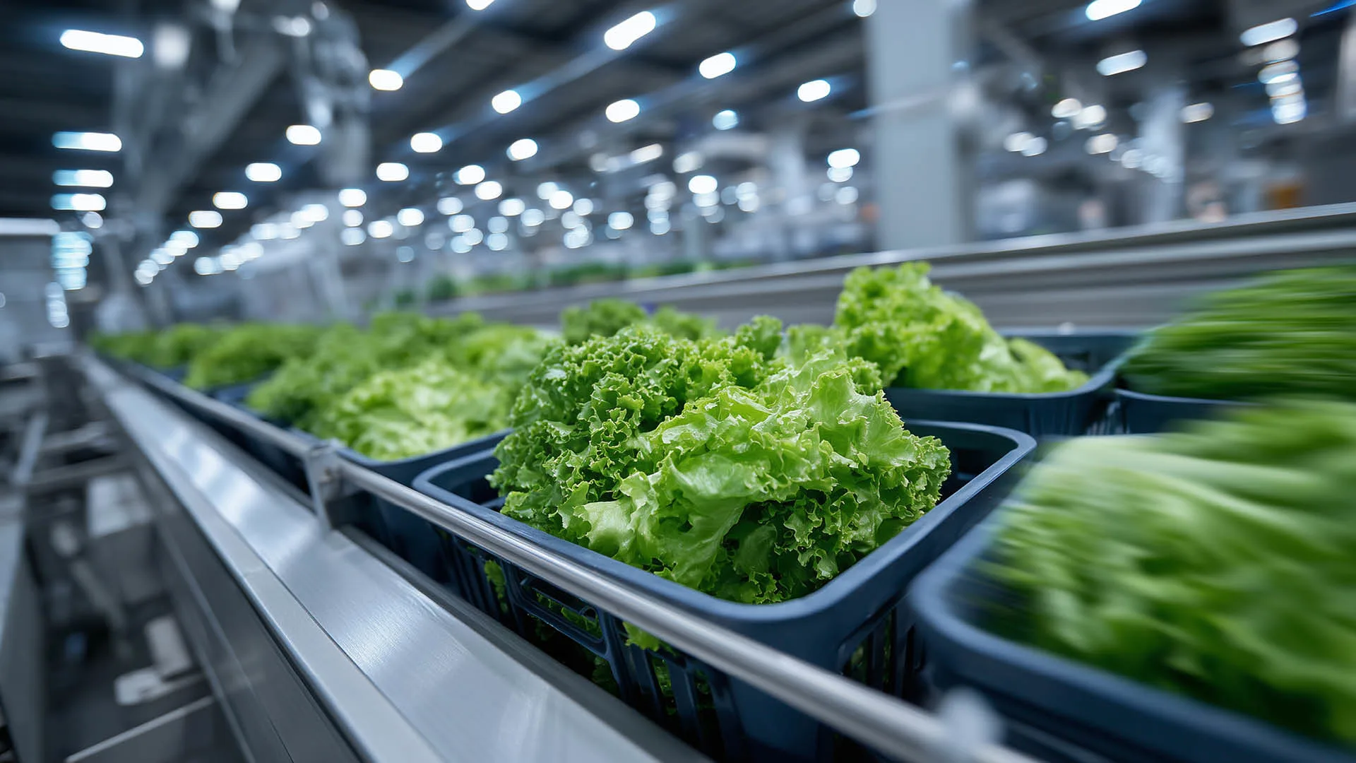 Packaged lettuce moves along a processing line, representing FSMA 204’s focus on lot-level tracking and supplier transparency in the food supply chain.