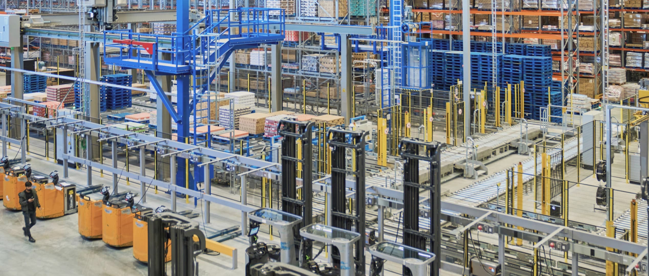 Conveyor system in a warehouse.