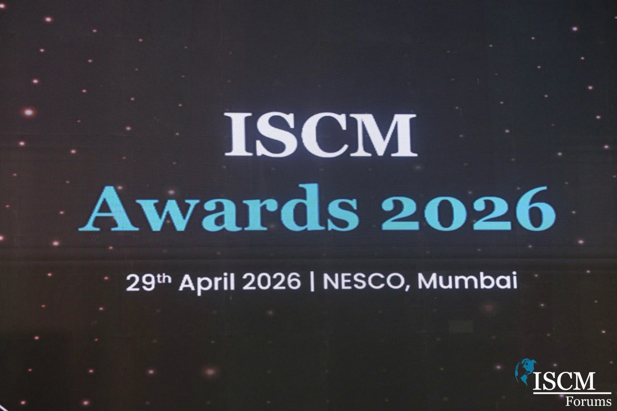 ISCM Awards 2026 event screen showing the date and venue in Mumbai.