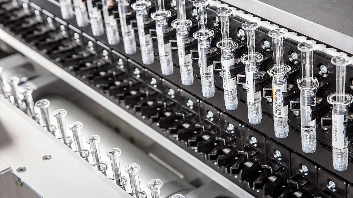 close up of syringe accumulation system