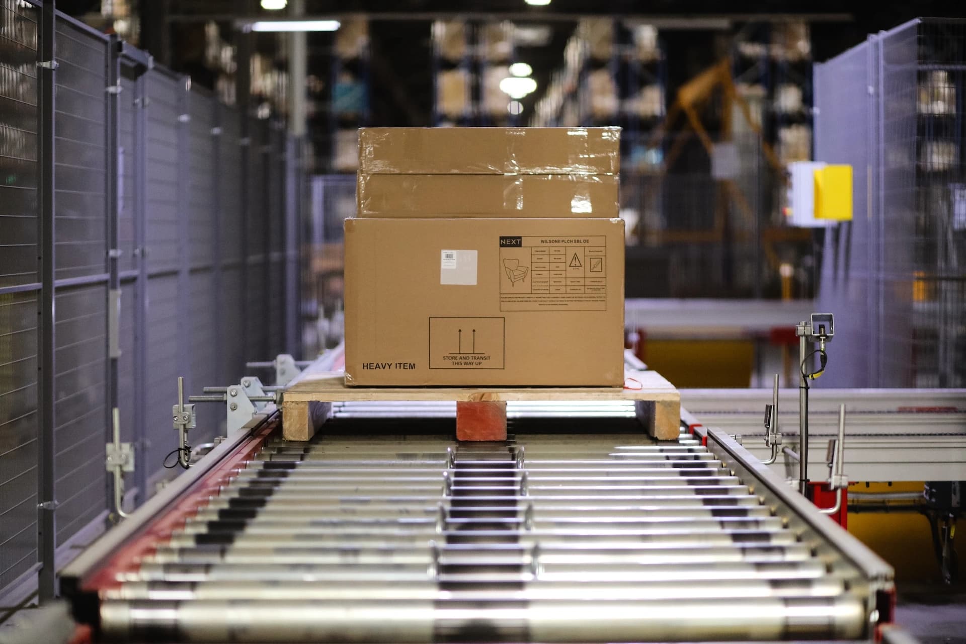 pallets being handled in a warehouse environment
