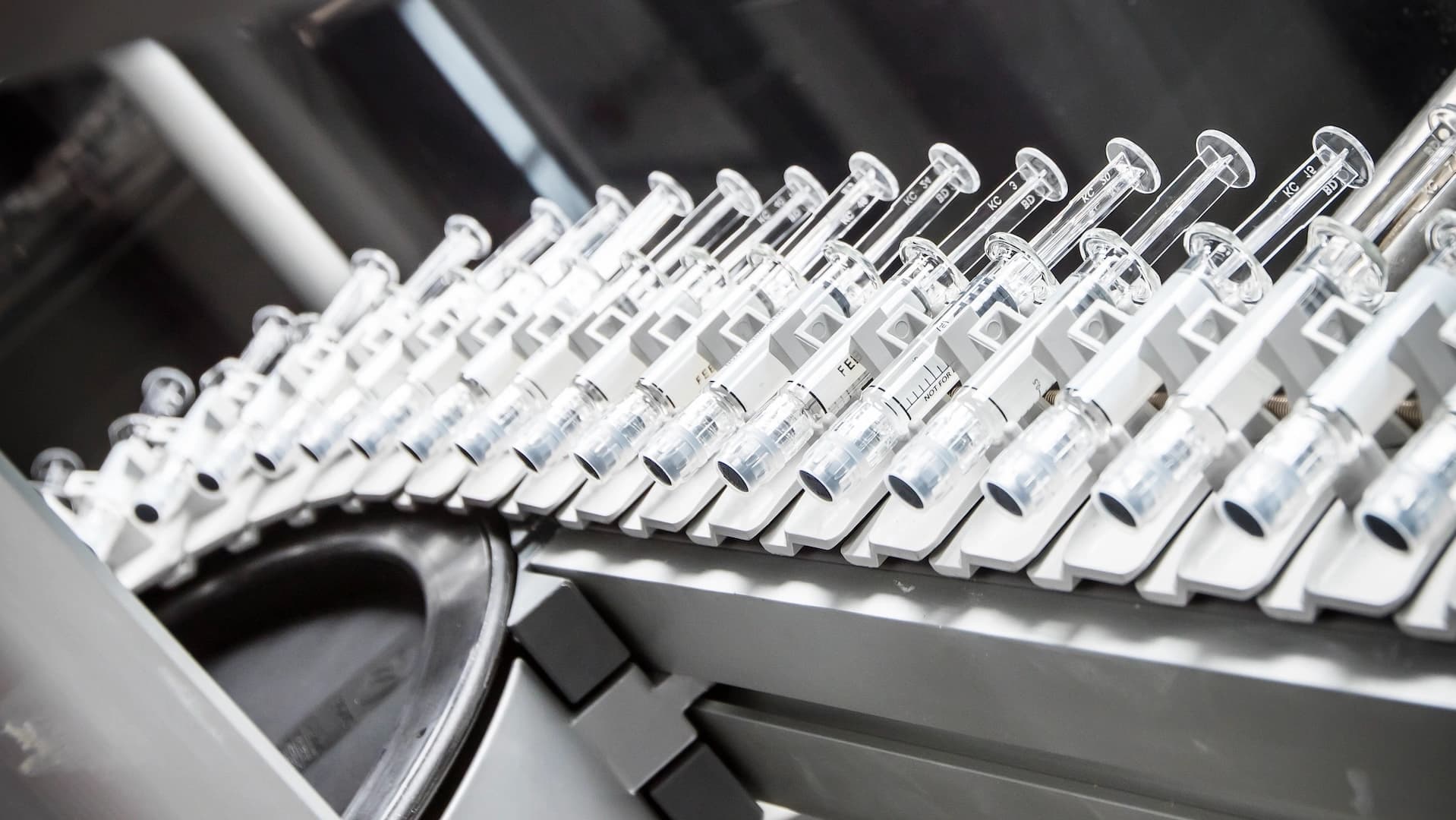 A batch of syringes lined up.