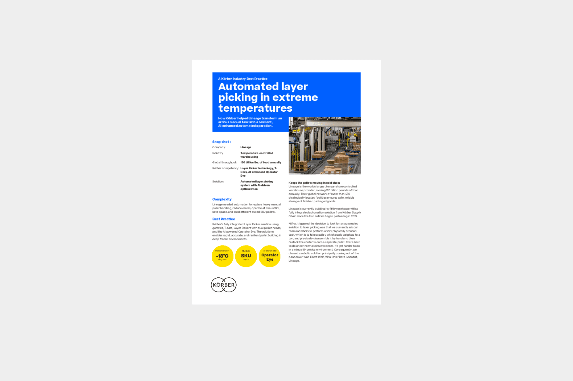 Cover of Körber's "Automated layer picking in extreme temperatures" case study.