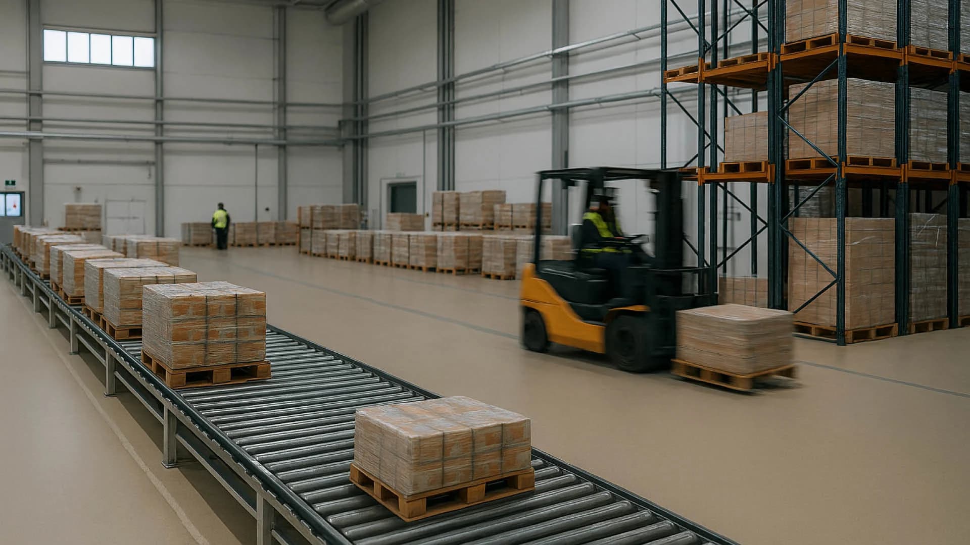 Pallets move through a warehouse on conveyors and forklifts, illustrating food traceability across storage and distribution operations.