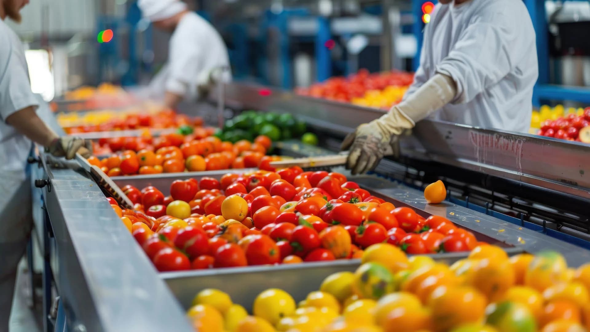 Workers sort fresh tomatoes on a food processing line, illustrating operational traceability and recordkeeping required under FSMA 204.