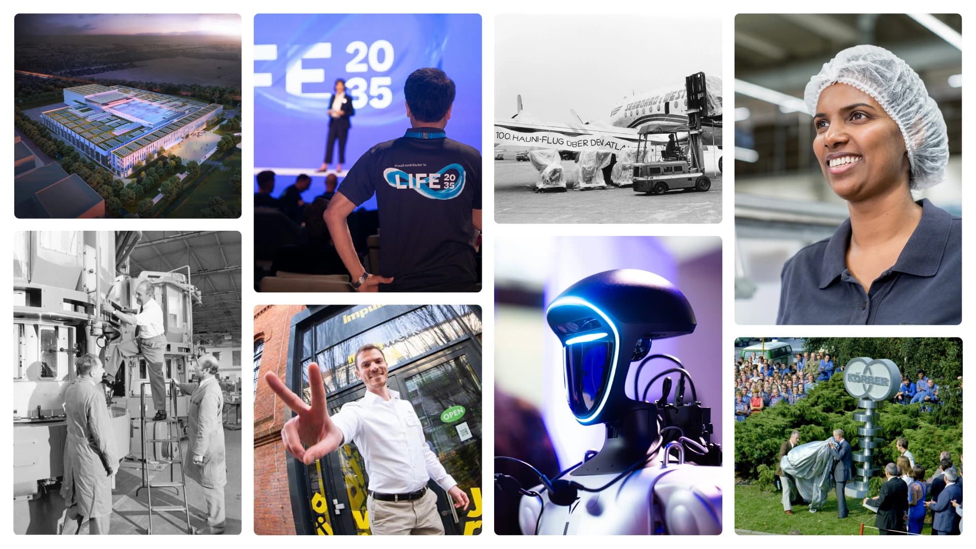 Collage of Körber photos of employees and technologies.